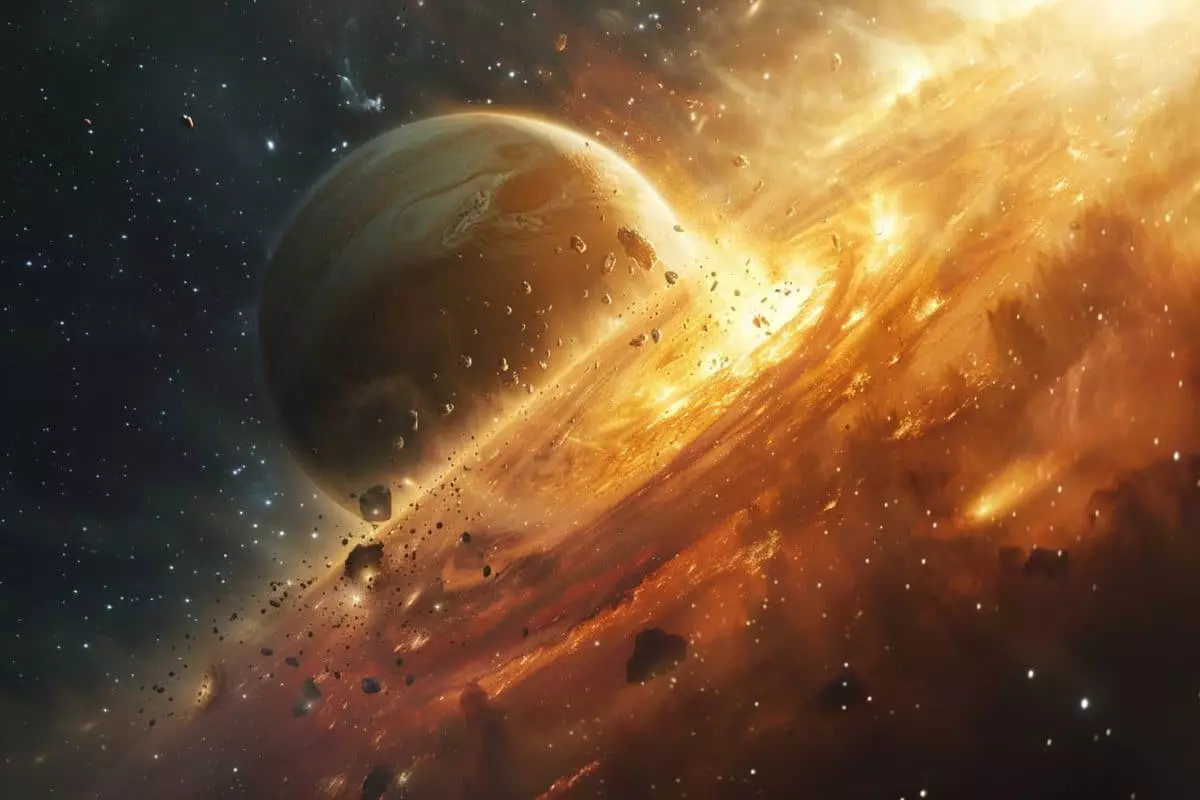 illustration de la jeune planète IRAS 04125+2902 b, cachée dans un disque de débris cosmiques.