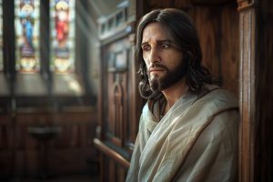 un fidèle échange avec le jésus numérique dans le confessionnal de l'église de lucerne.