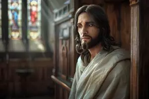 un fidèle échange avec le jésus numérique dans le confessionnal de l'église de lucerne.