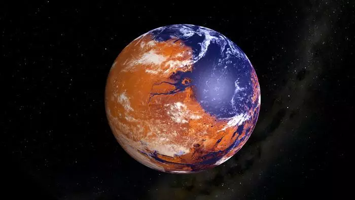 Une représentation artistique d'un Mars primitif avec de l'eau liquide à sa surface (zones bleues). Les anciennes régions de Mars montrent des signes d'une présence abondante d'eau, comme des formations semblables à des vallées et des deltas, ainsi que des minéraux qui ne se forment qu'en présence d'eau liquide.