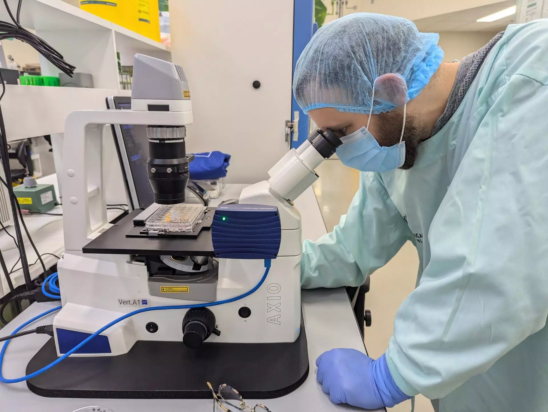 Le directeur scientifique Brett Kagan évalue des cellules souches cultivées en laboratoire