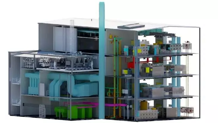 Illustration de la structure interne de l'installation et de l'édifice de la boucle de tritium H3AT (Crédit : UKAEA)