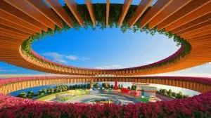 Illustration de la plus grande structure en bois du monde entourant le site de l'Expo 2025 d'Osaka (création par IA, illustration non réaliste). Crédit : Ideogram.
