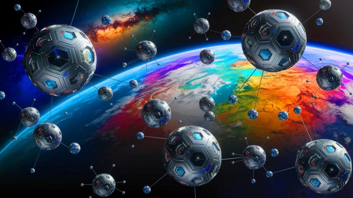 Illustration de la gestion du trafic spatial en orbite terrestre basse avec des satellites (création par IA, illustration non réaliste). Crédit : Ideogram.