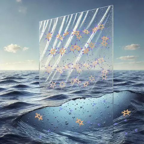 Représentation artistique du nouveau plastique. Les liaisons croisées de ponts de sel visibles dans le plastique hors de l'eau de mer lui confèrent sa structure et sa résistance.