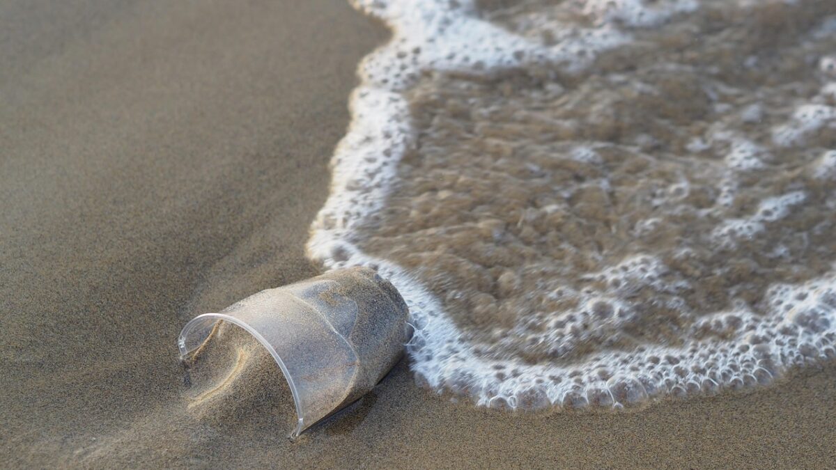 Gobelet en plastique transparent à moitié enfoui dans le sable d'une plage, avec de la mousse de vague qui arrive à côté.