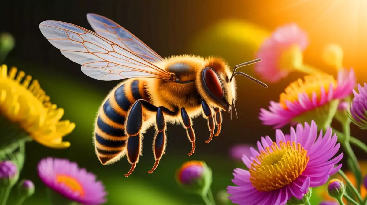 Illustration de la transformation des abeilles en micro-générateurs d'énergie grâce à un dispositif piézoélectrique (création par IA, illustration non réaliste). Crédit : Ideogram.