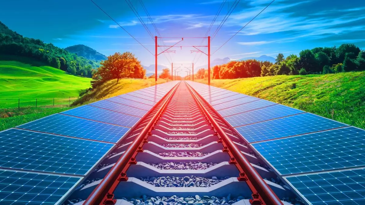 Illustration de l'installation de panneaux solaires sur des voies ferrées en Suisse (création par IA, illustration non réaliste). Crédit : Ideogram.