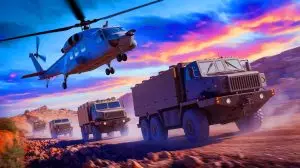 Illustration de l'hélicoptère MH-139 Grey Wolf en opération de sécurité dans un convoi nucléaire (création par IA, illustration non réaliste). Crédit : Ideogram.