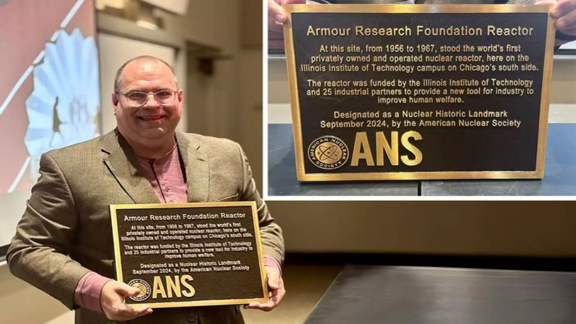 Jeff Terry, Vice-Provost pour la Recherche à Illinois Tech, présente la plaque commémorative du réacteur de la Fondation de Recherche Armour (en médaillon).