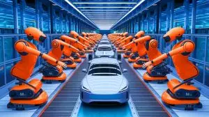 Illustration de robots humanoïdes Kepler K2 travaillant dans une usine automobile (création par IA, illustration non réaliste). Crédit : Ideogram.