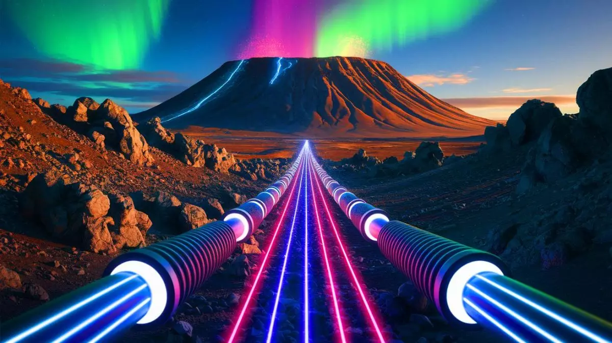 Illustration de la surveillance volcanique en Islande grâce aux câbles à fibre optique (création par IA, illustration non réaliste). Crédit : Ideogram.
