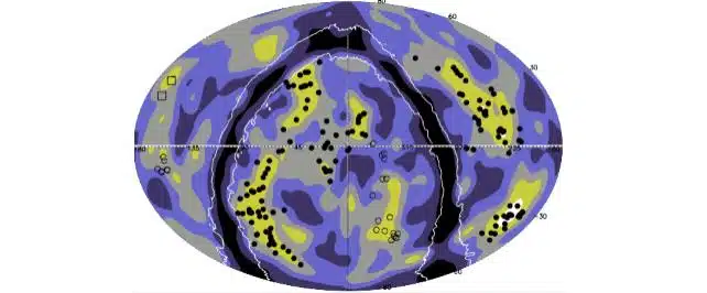 Schéma illustrant la répartition des galaxies en noir, violet et jaune