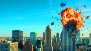 Illustration de l'impact d'une explosion nucléaire et des zones de sécurité à l'intérieur des bâtiments. Image réalisée par IA.