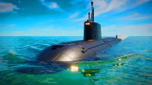 Illustration de sous-marins diesel-électriques naviguant en eaux peu profondes. Image réalisée par IA.