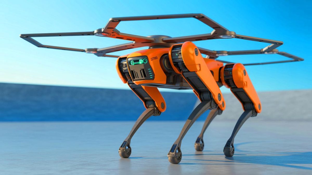 Illustration de SPIDAR, le robot quadrupède hybride de l'Université de Tokyo, capable de se déplacer sur terre et dans les airs. Image réalisée par IA.