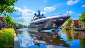Illustration de la traversée d'un yacht de luxe de 80 mètres à travers les canaux néerlandais (création par IA, non réaliste). Crédit : Ideogram