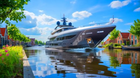 Illustration de la traversée d'un yacht de luxe de 80 mètres à travers les canaux néerlandais (création par IA, non réaliste). Crédit : Ideogram