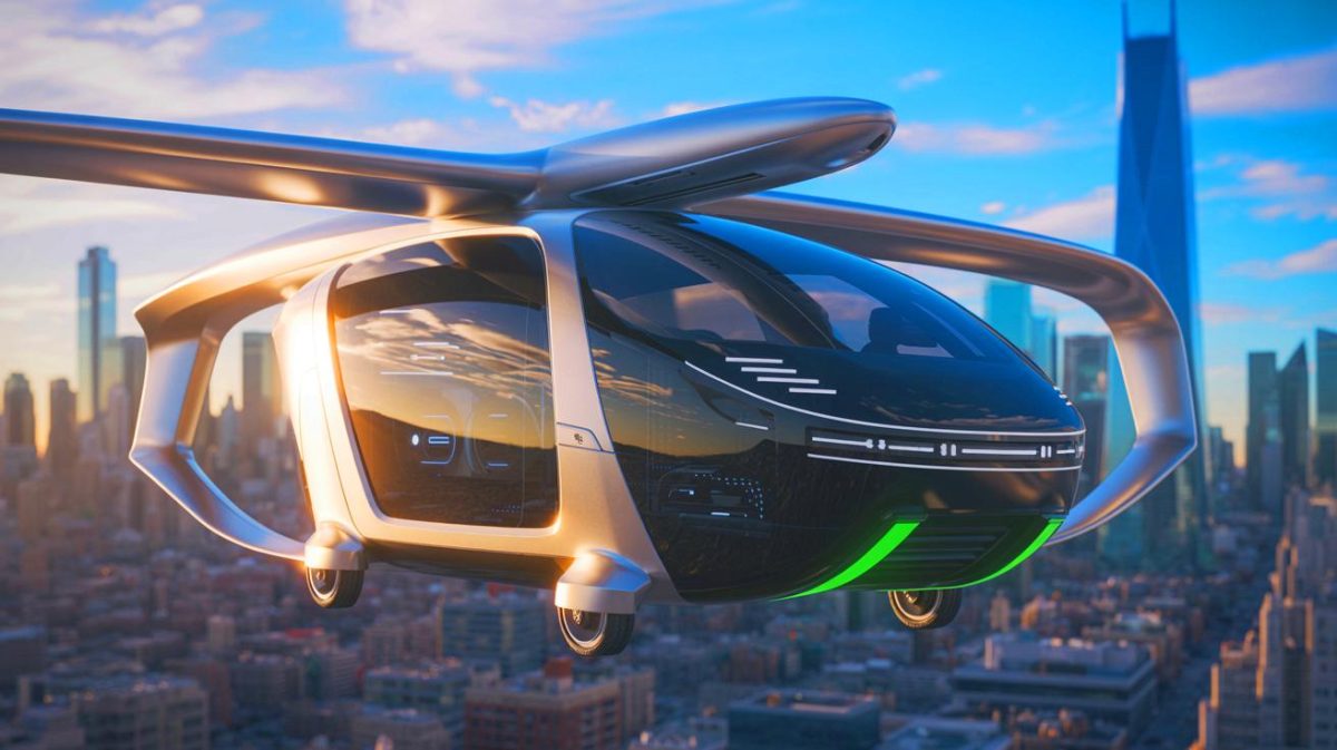 Illustration de moteurs de taxis volants conçus pour réduire le bruit désagréable. Image réalisée par IA.