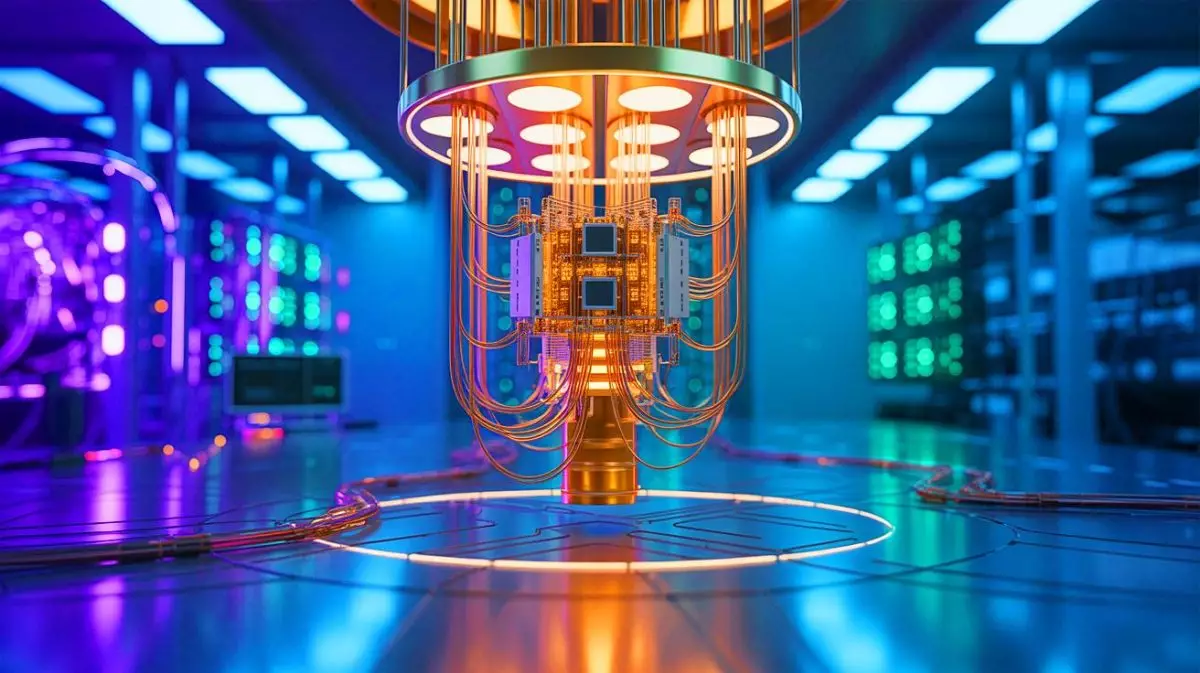 Illustration de l'accélération des opérations en informatique quantique grâce au nouveau circuit du MIT (création par IA, non réaliste). Crédit : Ideogram