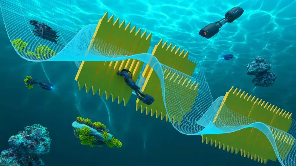 Illustration de la manipulation d'objets sous-marins à l'aide de métamatériaux acoustiques. Image réalisée par IA.
