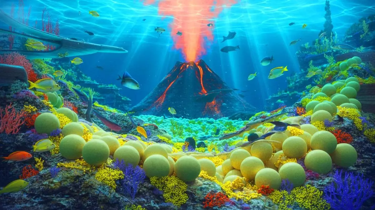 Illustration de la découverte d'un volcan sous-marin actif près de l'île de Vancouver révélant des milliers d'œufs géants. Image réalisée par IA.