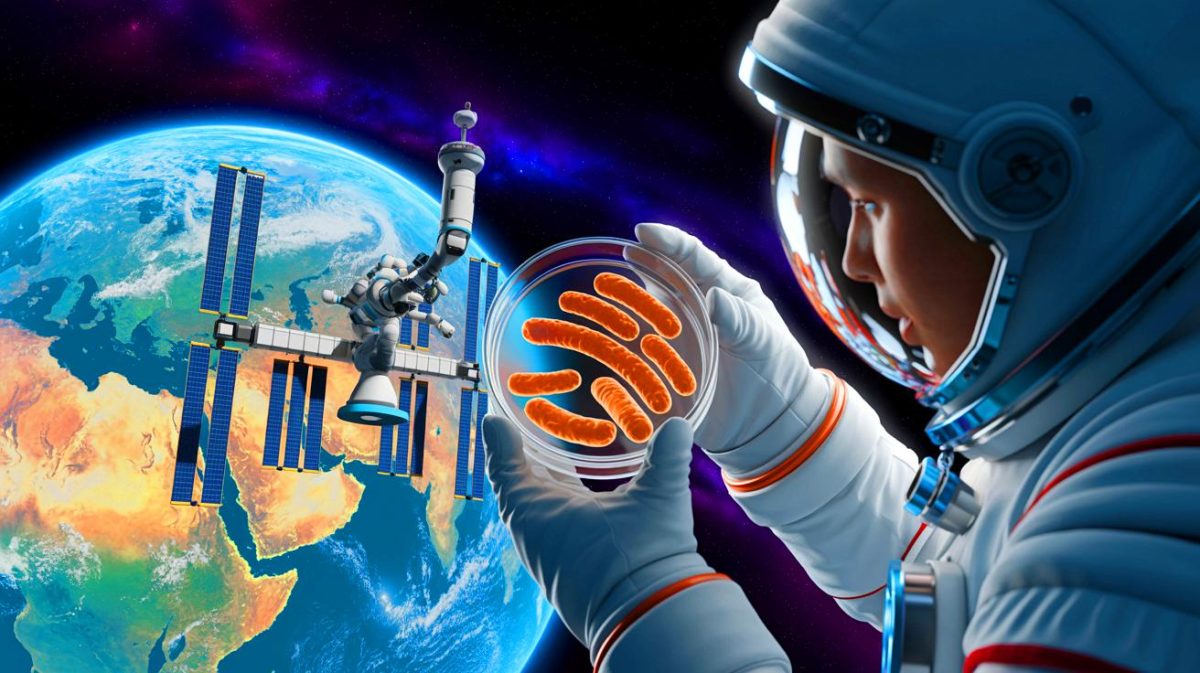 Illustration de la station spatiale Tiangong avec la nouvelle souche bactérienne Niallia tiangongensis. Image réalisée par IA.