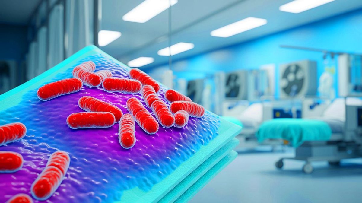 Illustration de la dégradation des plastiques médicaux par les bactéries hospitalières. Image réalisée par IA.