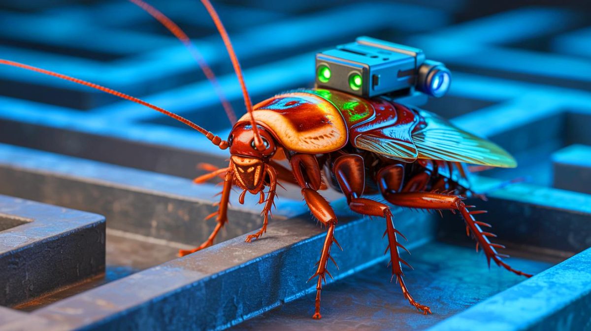 Illustration de cafards cyborgs contrôlés par lumière UV. Image réalisée par IA.