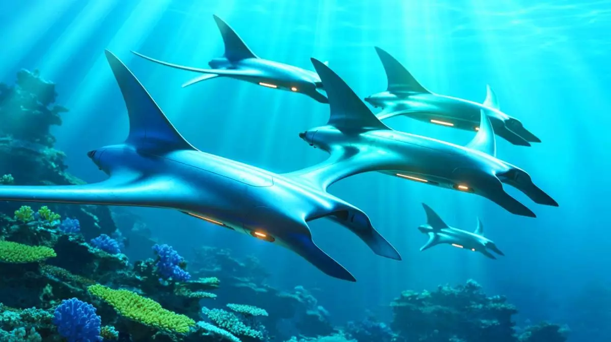 Illustration de drones sous-marins inspirés des raies manta en formation coordonnée (création par IA, non réaliste). Crédit : Ideogram