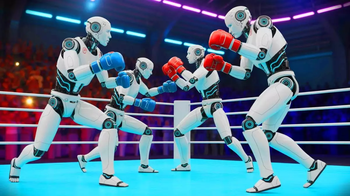 Illustration de robots humanoïdes démontrant des compétences de combat avancées avant un championnat de boxe robotique. Image réalisée par IA.