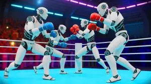 Illustration de robots humanoïdes démontrant des compétences de combat avancées avant un championnat de boxe robotique. Image réalisée par IA.