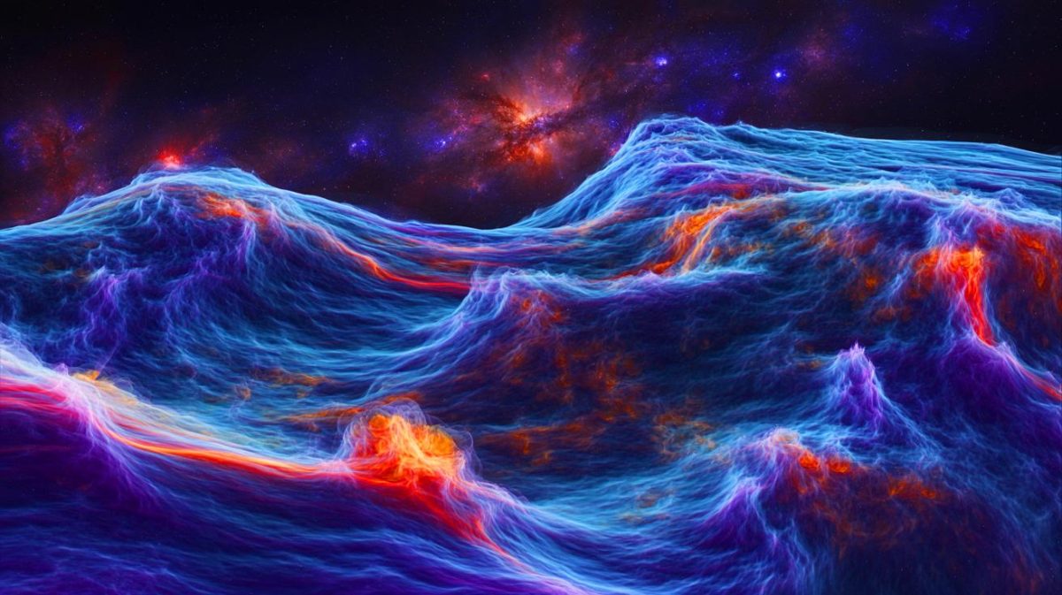 Illustration de la simulation de la plus vaste turbulence magnétisée dans l'univers. Image réalisée par IA.