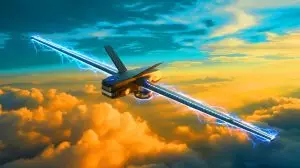Illustration de drones de haute altitude améliorés par la technologie d'excitation plasma. Image réalisée par IA.