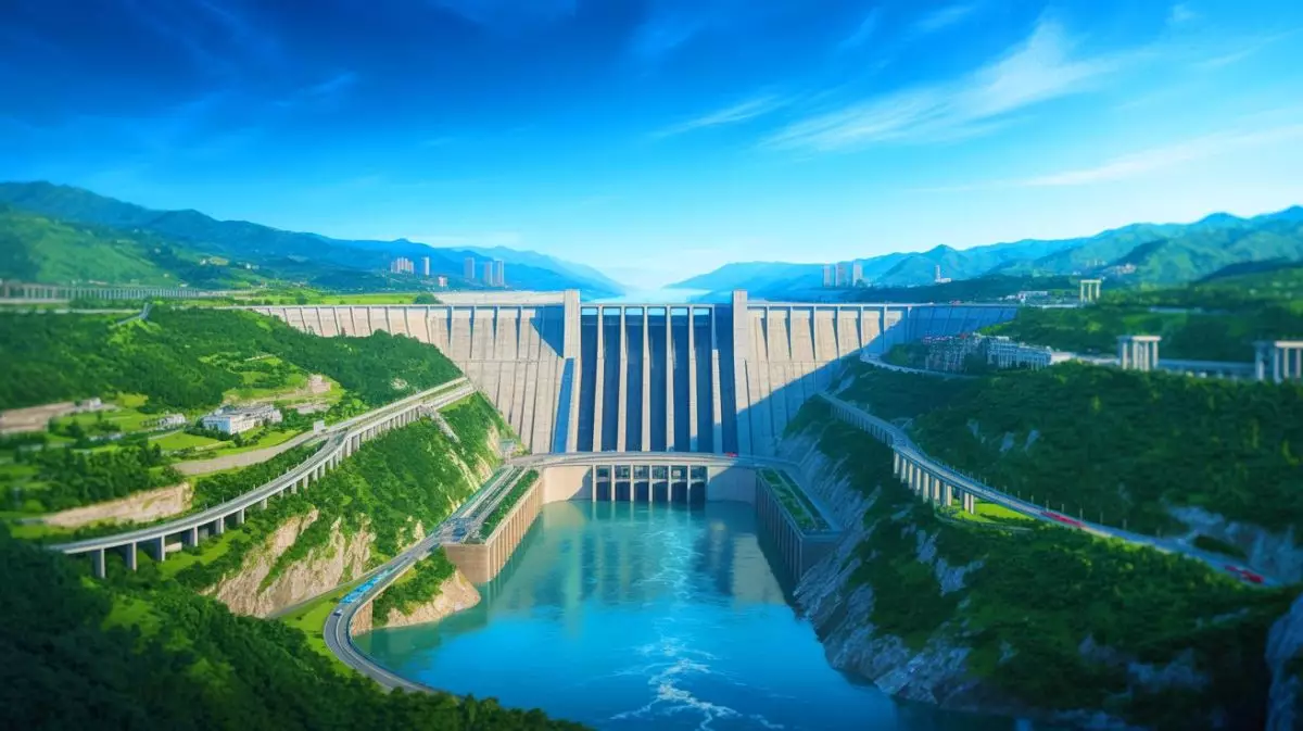 Illustration de l'impact potentiel des infrastructures humaines sur la rotation de la Terre, avec le barrage des Trois Gorges en Chine au centre. Image réalisée par IA.