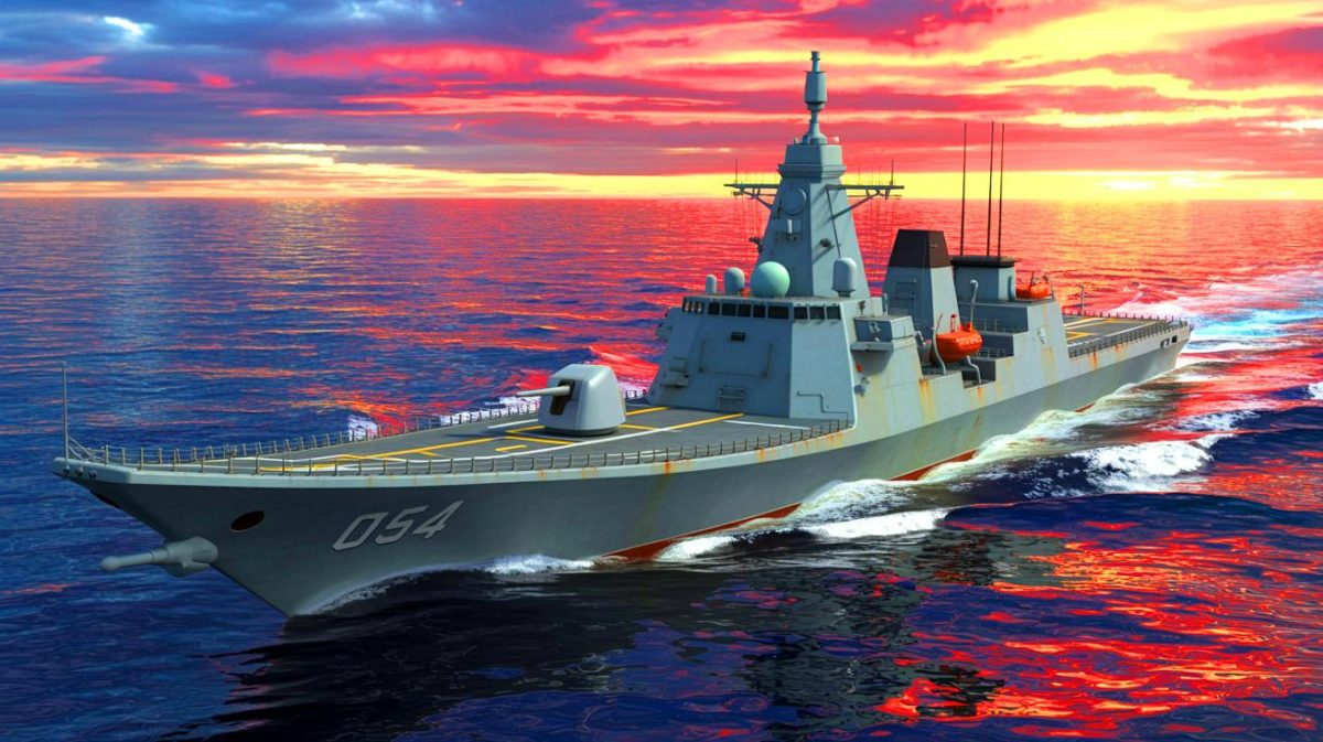 Illustration de la frégate chinoise Qinzhou de type 054B en mer (création par IA, non réaliste). Crédit : Ideogram