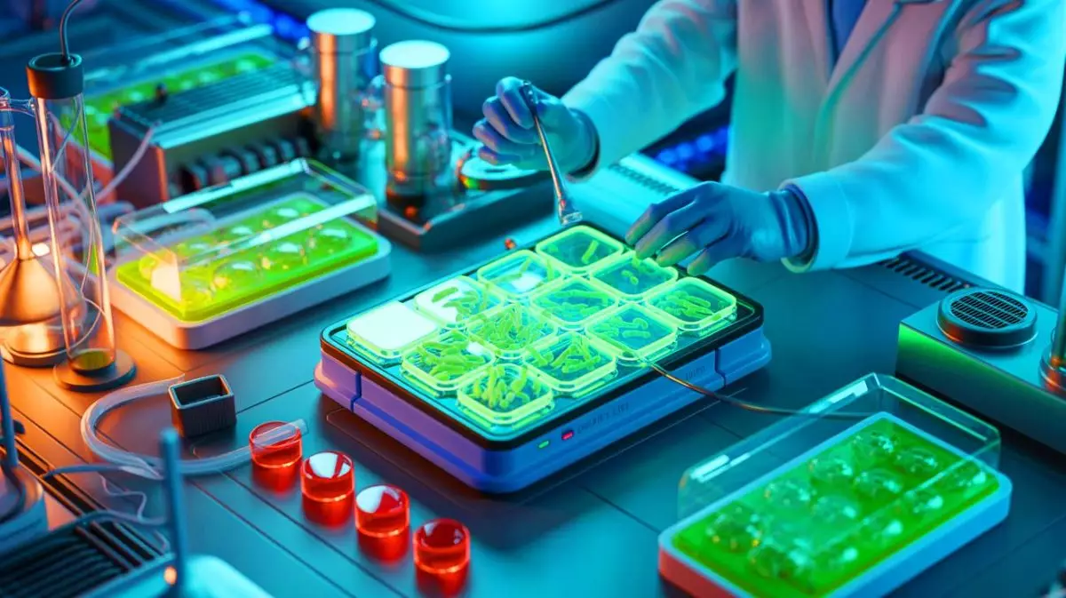 Illustration de la bio-batterie utilisant des micro-organismes électroactifs pour une recharge autonome. Image réalisée par IA.