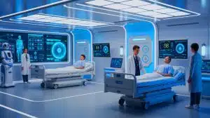 Illustration de l'hôpital dirigé par intelligence artificielle en Chine, baptisé "Agent Hospital" (création par IA, non réaliste). Crédit : Ideogram