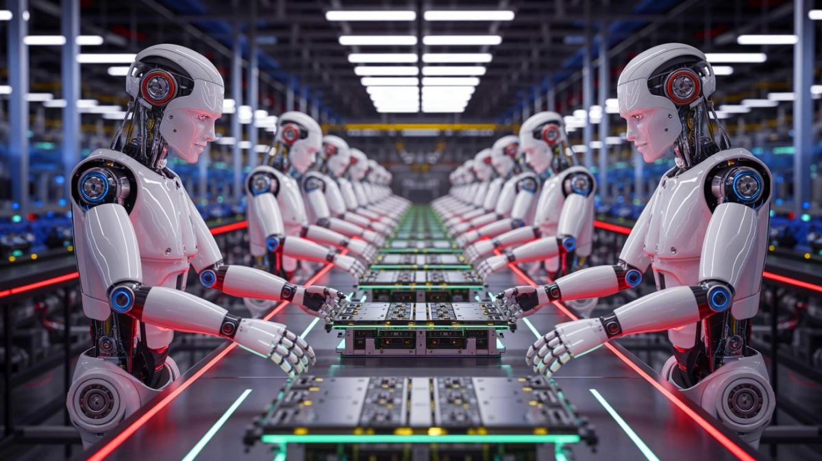Illustration de robots humanoïdes travaillant dans une usine intelligente. Image réalisée par IA.