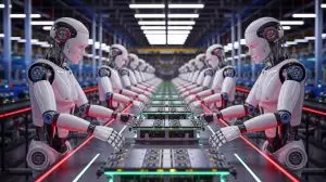 Illustration de robots humanoïdes travaillant dans une usine intelligente. Image réalisée par IA.