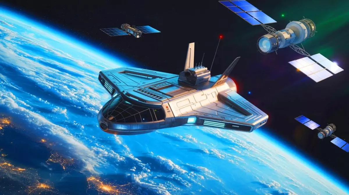 Illustration de la conception d'un porte-avions orbital par la Space Force et Gravitics. Image réalisée par IA.