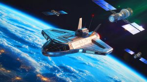 Illustration de la conception d'un porte-avions orbital par la Space Force et Gravitics. Image réalisée par IA.