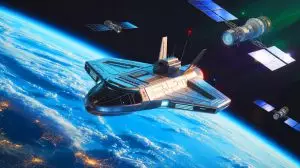 Illustration de la conception d'un porte-avions orbital par la Space Force et Gravitics. Image réalisée par IA.