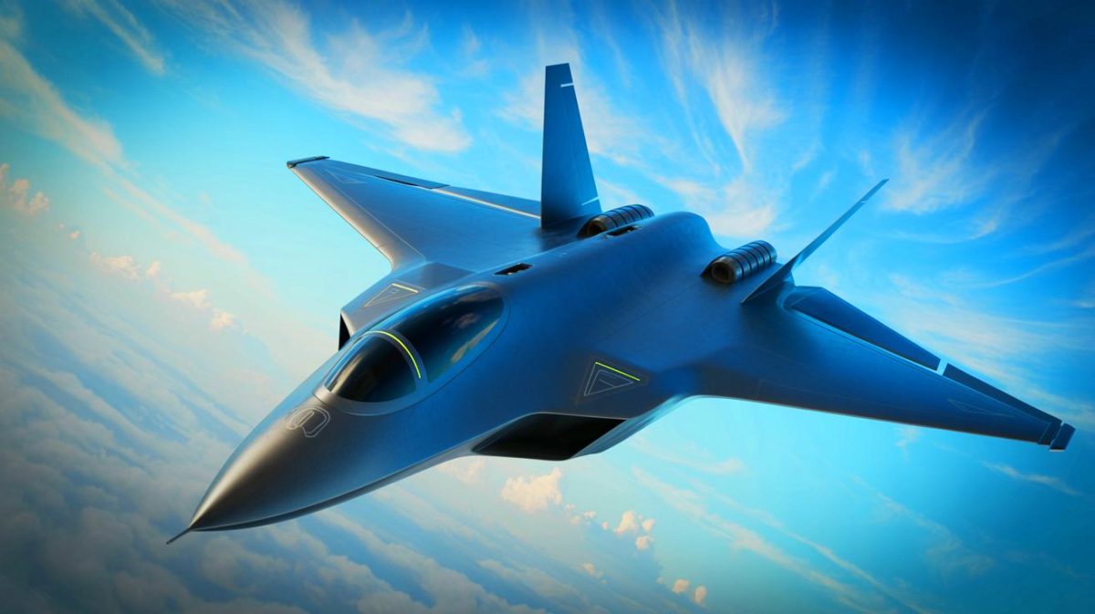 Illustration de l'avion Chengdu J-36 en vol, démontrant sa conception sans queue avec trois moteurs (création par IA, non réaliste). Crédit : Ideogram