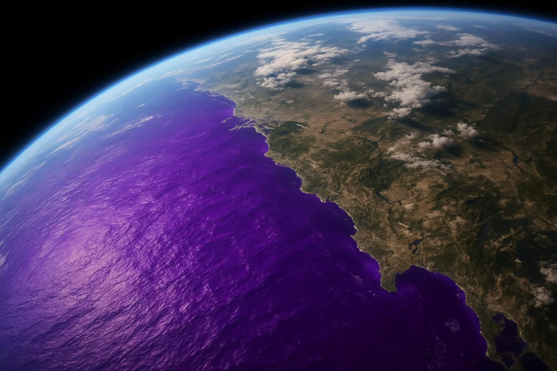 Une représentation imaginaire des océans violets, créée par l'IA