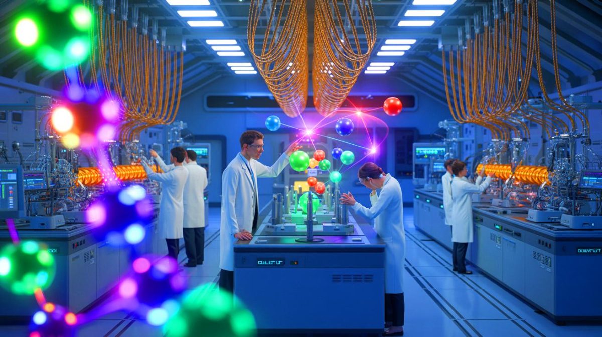 Illustration de la danse des atomes en temps réel observée grâce à une machine quantique. Image réalisée par IA.
