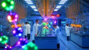 Illustration de la danse des atomes en temps réel observée grâce à une machine quantique. Image réalisée par IA.