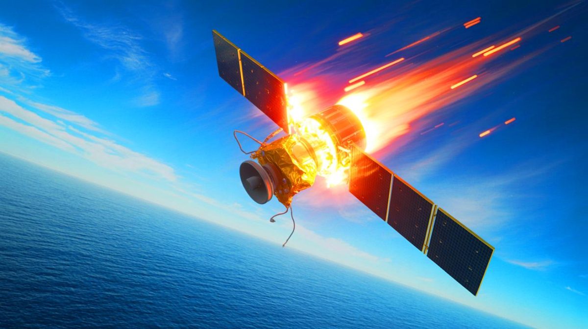Illustration de la rentrée atmosphérique du satellite Salsa au-dessus de l'océan Pacifique (création par IA, non réaliste). Crédit : Ideogram