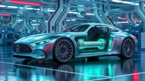 Illustration de la technologie de moteur à flux axial développée par Mercedes-Benz pour les sportives électriques. Image réalisée par IA.