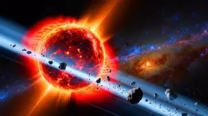Illustration de la corrélation entre les supernovas et les extinctions massives sur Terre. Image réalisée par IA.